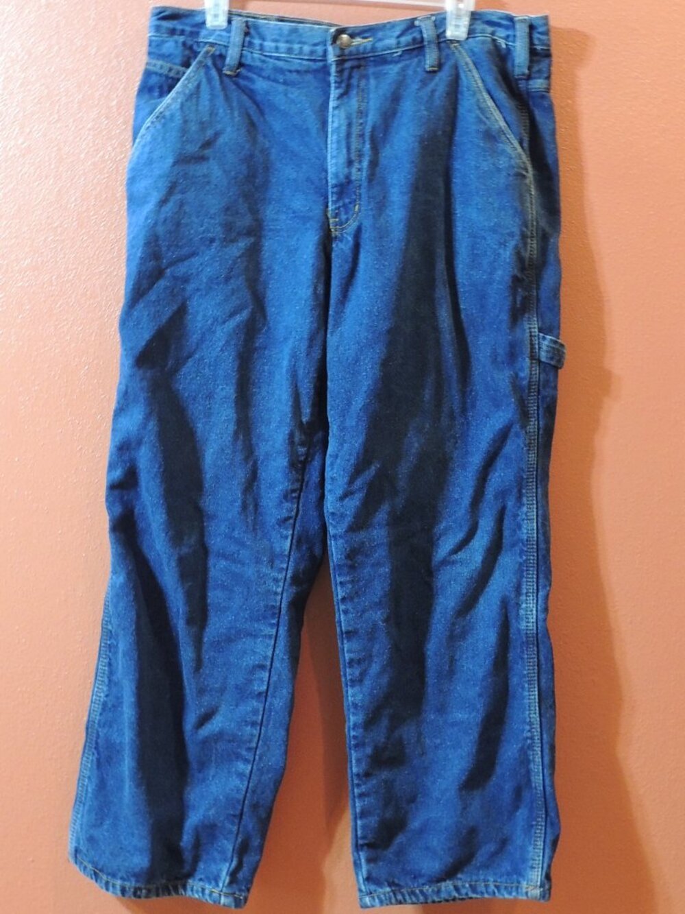 Full Blue Flannel Jeans Men 34x30 Blue Red Black Pockets Outdoor Work Denim Jean